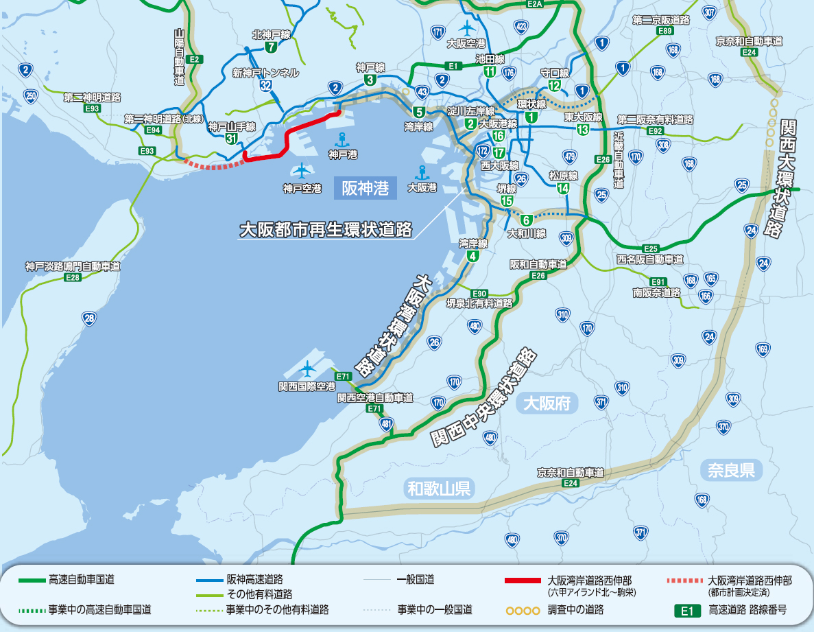 大阪湾岸線と主要道路がわかる道路地図に大阪湾岸道路西伸部が書き込まれています
