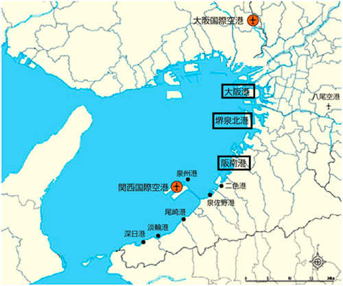 大阪府内の港湾・空港位置図